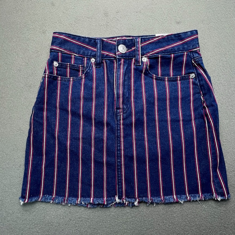 NWT American Eagle Striped Denim Mini Skirt Women 0 Blue Red  HiRise Raw‎ Hem